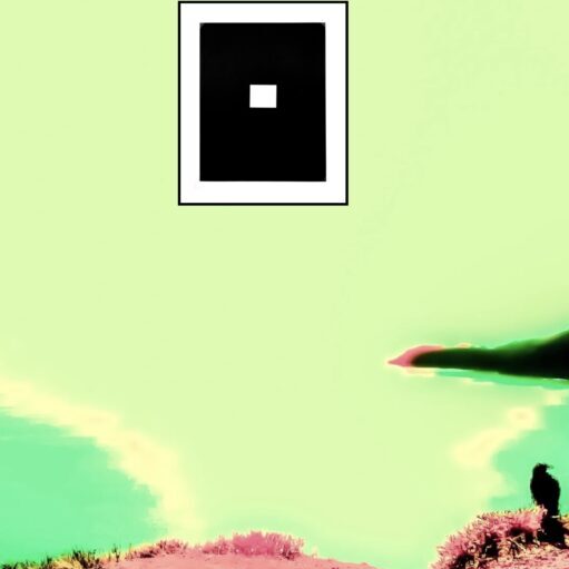 Infinite Image Potential in a White Square on a Black Rectangle on a Colorful Digital Coastal Landscape with a Black Raven